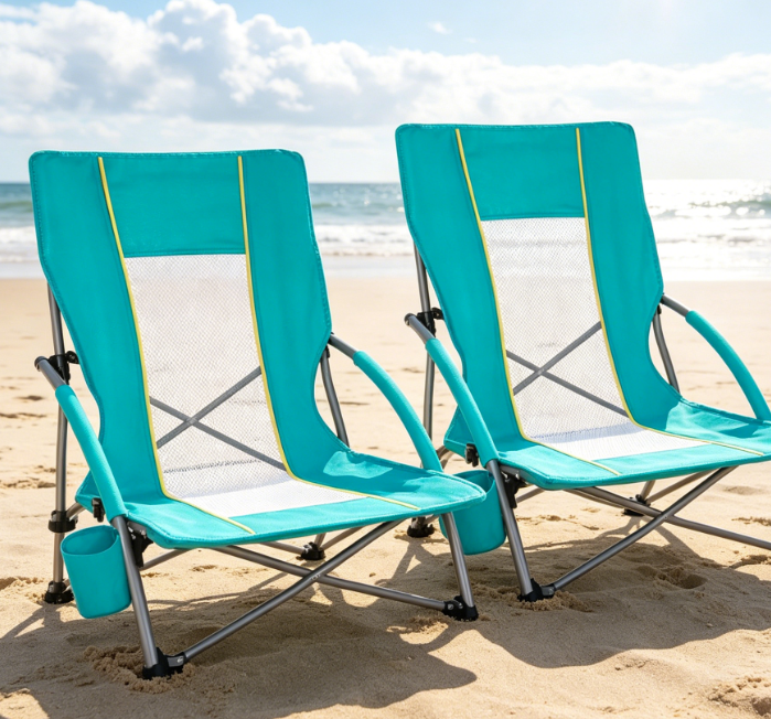 Low-Profile Folding Beach Chair With Breathable Mesh And Cup Holder