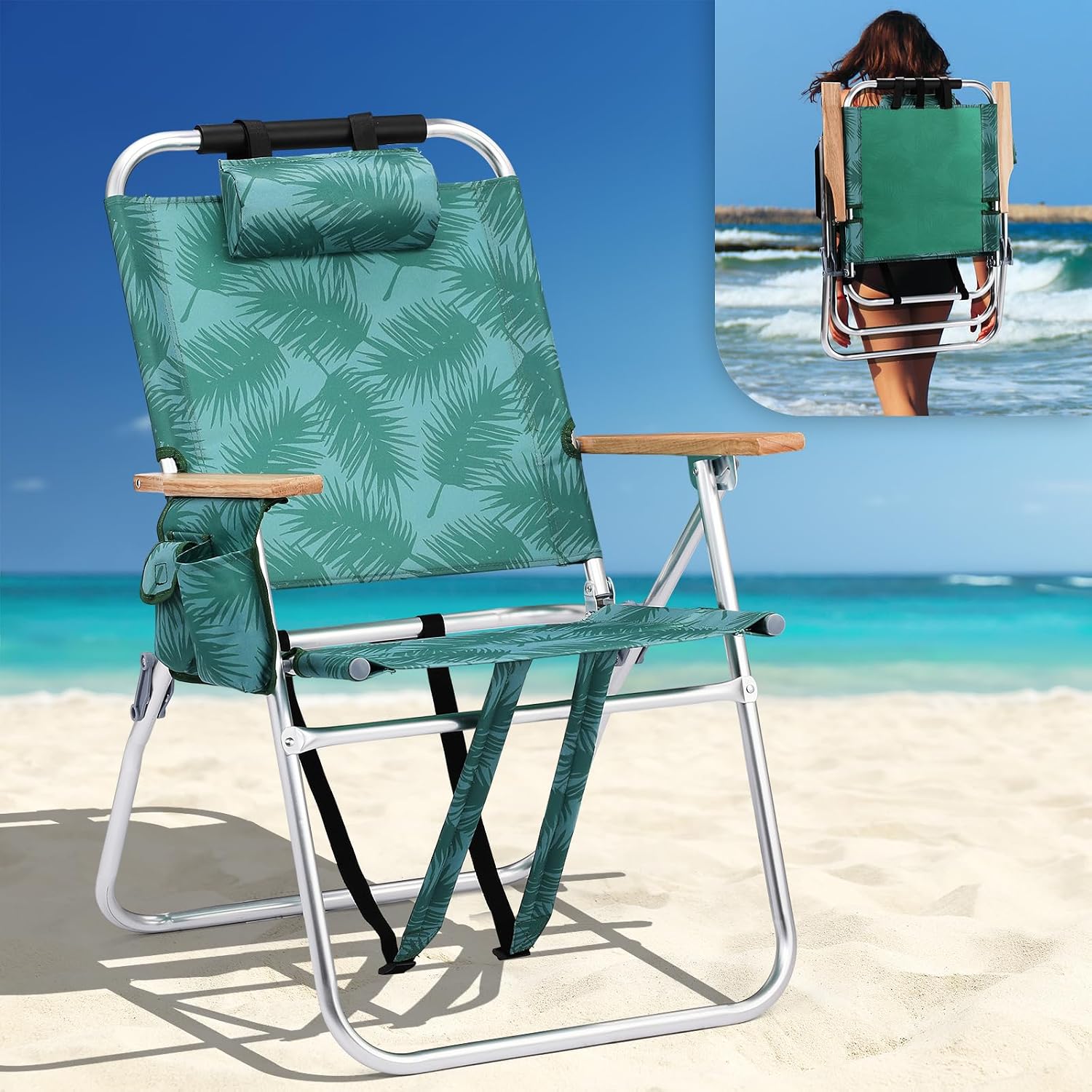 High-Profile Aluminum Backpack Chair, 3-Position Adjustable With Cup Holder