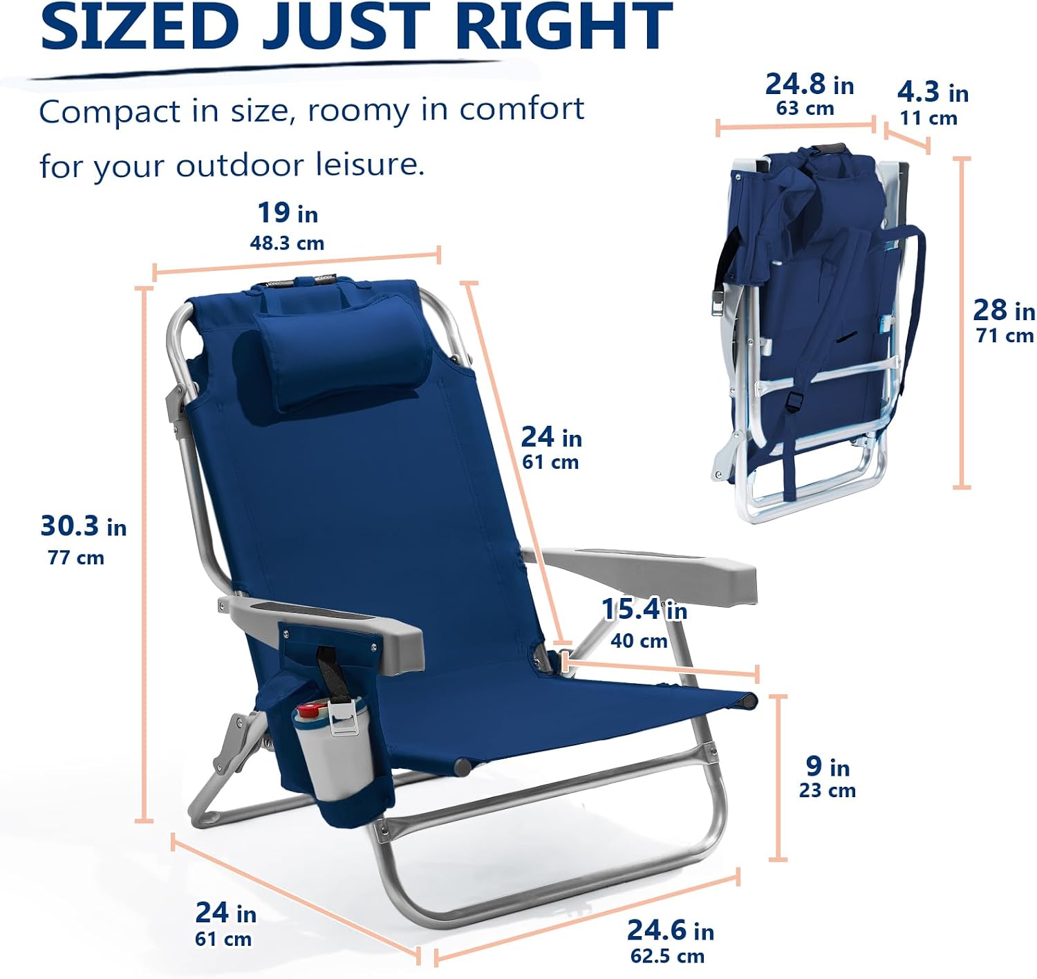 5-Position Lay-Flat Backpack Chair, Navy Blue With Cup Holder - Image 2