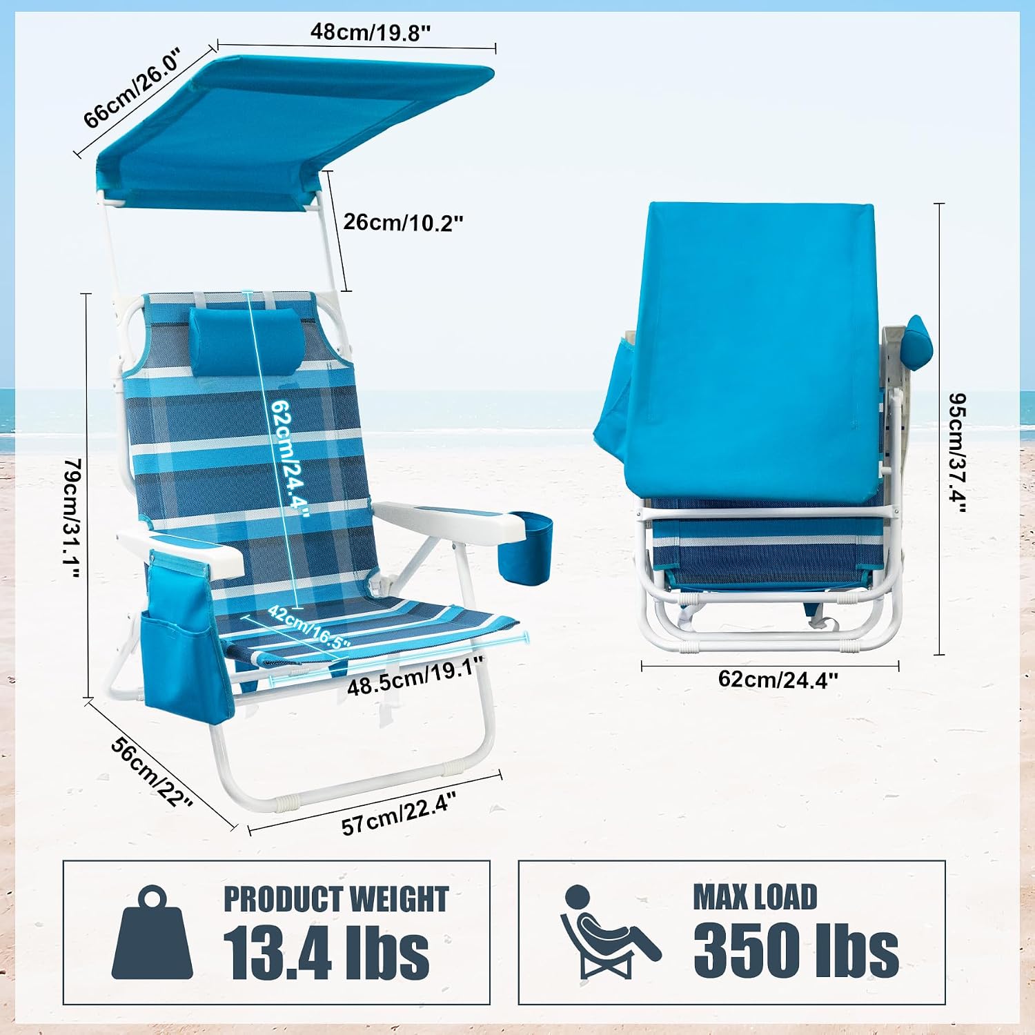 5-Position Lay-Flat Folding Beach Chair With Canopy - Image 2