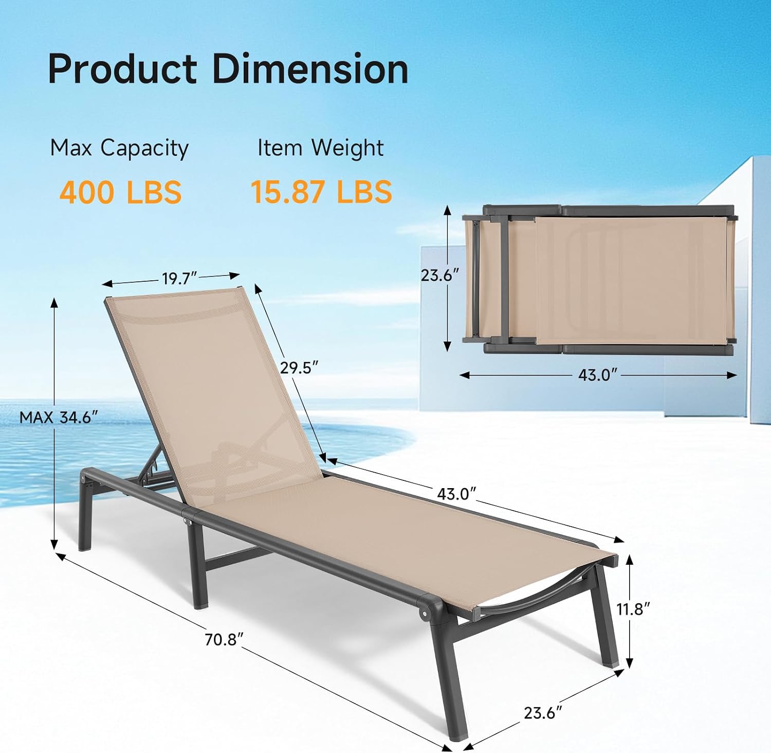 Outdoor Aluminum Lounger, 5-Position Adjustable, No Assembly Required - Image 2