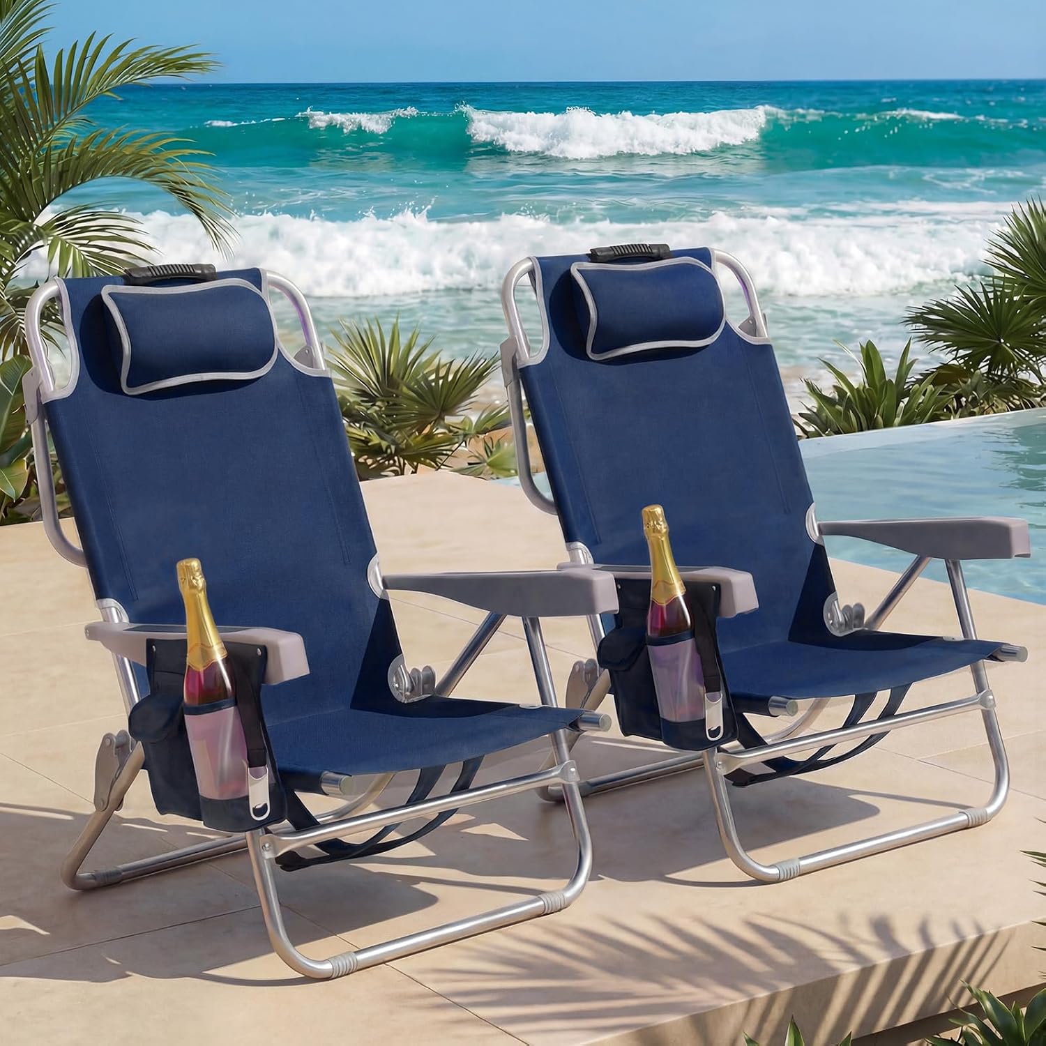 5-Position Lay-Flat Backpack Chair, Navy Blue With Cup Holder