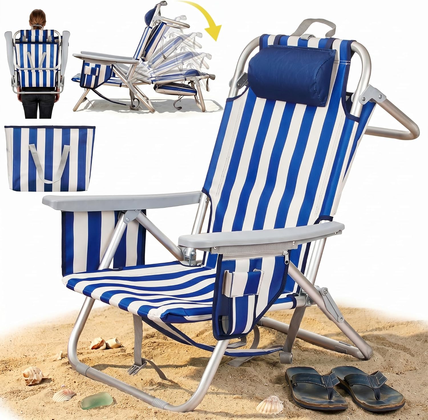 Low-Profile Aluminum Backpack Chair, 5-Position Lay-Flat With Cooler Bag